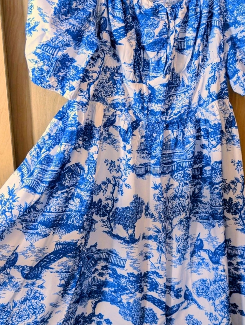 XXL Tie Front Blue & White Toile Printed Puff-Sleeve Women’s Dress - Picture 2 of 4